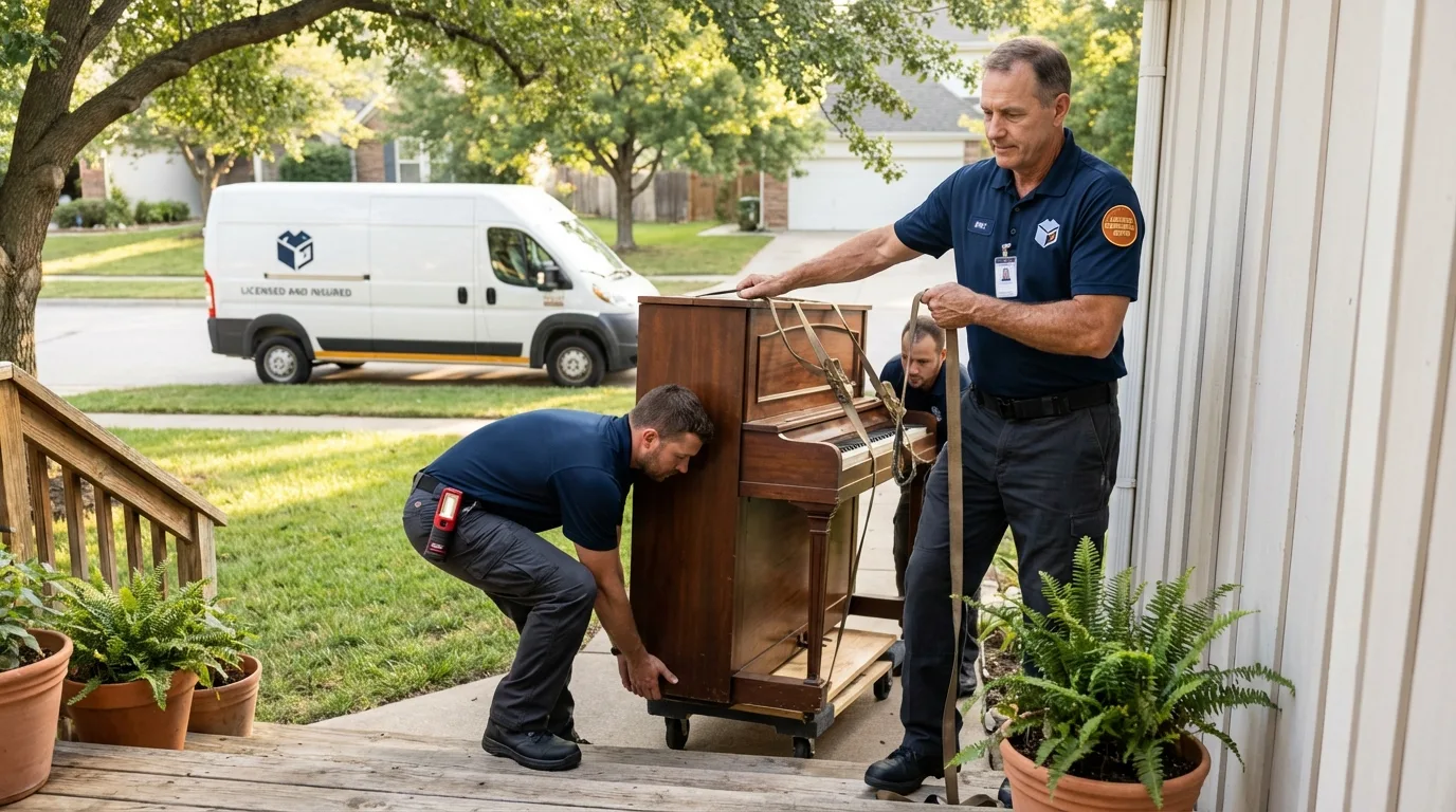 Licensed piano movers securing grand piano in Buckingham, VA