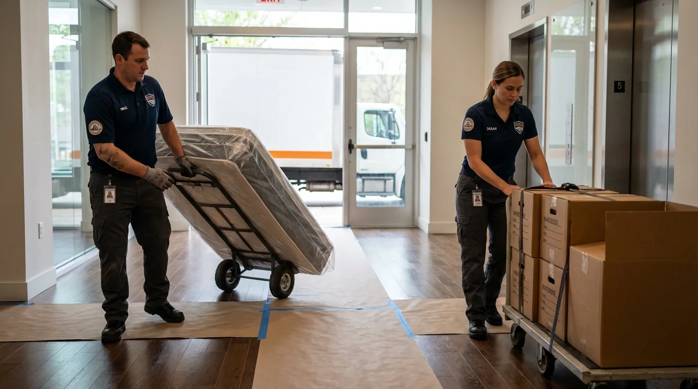 Professional apartment movers loading elevator in Buckingham, VA